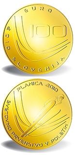 Image of 100 euro coin - Ski Flying World Championships  | Slovenia 2010.  The Gold coin is of Proof quality.