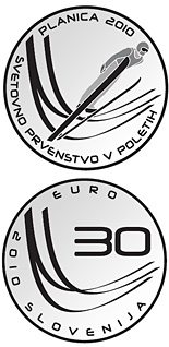 Image of 30 euro coin - Ski Flying World Championships  | Slovenia 2010.  The Silver coin is of Proof quality.