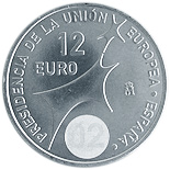 Image of 12 euro coin - Spain's Presidency of the EU | Spain 2002.  The Silver coin is of BU, UNC quality.