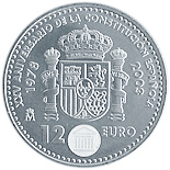 Image of 12 euro coin - 25th Anniversary of the Spanish Constitution | Spain 2003.  The Silver coin is of BU, UNC quality.