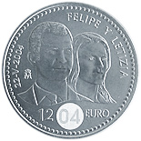 Image of 12 euro coin - Felipe and Letizia | Spain 2004.  The Silver coin is of BU, UNC quality.