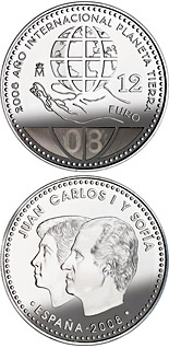 Image of 12 euro coin - International Year of Planet Earth  | Spain 2008.  The Silver coin is of BU, UNC quality.