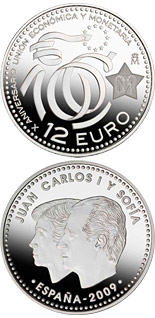 Image of 12 euro coin - 10th Anniversary EMU | Spain 2009.  The Silver coin is of BU, UNC quality.