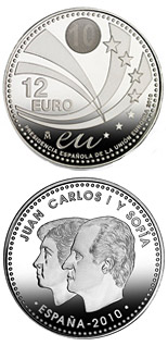 Image of 12 euro coin - Spain's Presidency of the EU | Spain 2010.  The Silver coin is of BU, UNC quality.