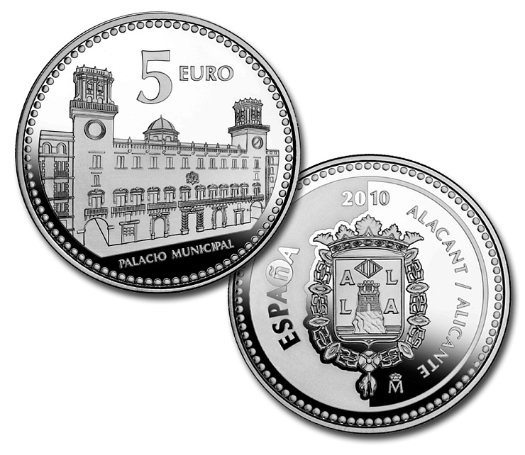 Image of 5 euro coin - Alacant | Spain 2010.  The Silver coin is of Proof quality.