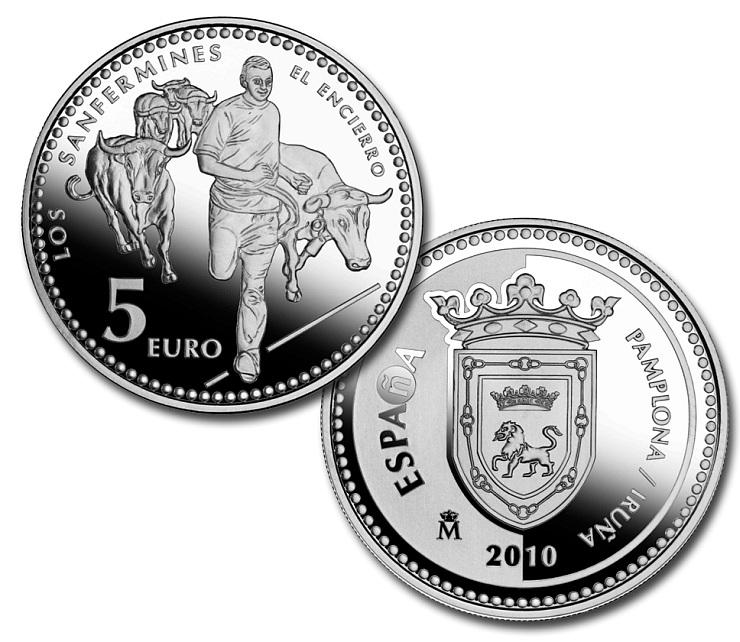 Image of 5 euro coin - Pamplona | Spain 2010.  The Silver coin is of Proof quality.