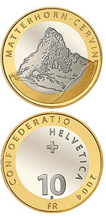 Image of 10 francs coin - Matterhorn – Cervin | Switzerland 2004.  The Bimetal: CuNi, nordic gold coin is of Proof, BU quality.