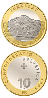 Image of 10 francs coin - Jungfrau | Switzerland 2005.  The Bimetal: CuNi, nordic gold coin is of Proof, BU quality.