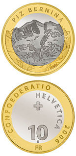 Image of 10 francs coin - Piz Bernina | Switzerland 2006.  The Bimetal: CuNi, nordic gold coin is of Proof, BU quality.