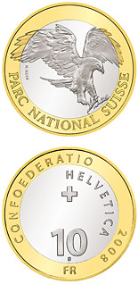 Image of 10 francs coin - Swiss National Parc – Golden eagle | Switzerland 2008.  The Bimetal: CuNi, nordic gold coin is of Proof, BU quality.