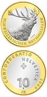 Image of 10 francs coin - Swiss National Parc – Red Deer | Switzerland 2009.  The Bimetal: CuNi, nordic gold coin is of Proof, BU quality.