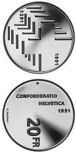Image of 20 francs coin - 700th anniversary of the Swiss Confederation | Switzerland 1991.  The Silver coin is of Proof, BU quality.