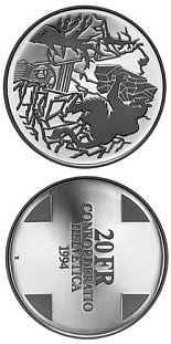 Image of 20 francs coin - Devil's Bridge (Landscapes) | Switzerland 1994.  The Silver coin is of Proof, BU quality.