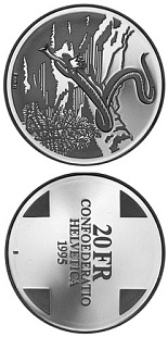 Image of 20 francs coin - Snakequeen of the Grisons (Landscapes) | Switzerland 1995.  The Silver coin is of Proof, BU quality.