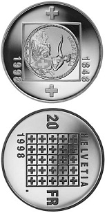 Image of 20 francs coin - 150 J. Bundesstaat | Switzerland 1998.  The Silver coin is of Proof, BU quality.