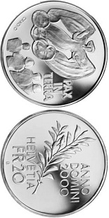 Image of 20 francs coin - Pax in Terra, 2000 years of Christianity | Switzerland 2000.  The Silver coin is of Proof, BU quality.