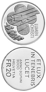 Image of 20 francs coin - Lumen Christi, 2000 years of Christianity | Switzerland 2000.  The Silver coin is of Proof, BU quality.