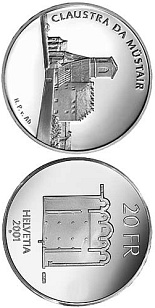 Image of 20 francs coin - Müstair Monastery | Switzerland 2001.  The Silver coin is of Proof, BU quality.