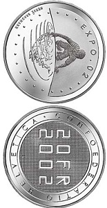 Image of 20 francs coin - Expo.02  | Switzerland 2002.  The Silver coin is of Proof, BU quality.