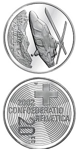 Image of 20 francs coin - Rega ( Air Rescue) | Switzerland 2002.  The Silver coin is of Proof, BU quality.
