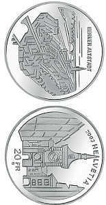Image of 20 francs coin - The old town of Bern | Switzerland 2003.  The Silver coin is of Proof, BU quality.