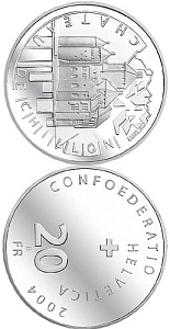 Image of 20 francs coin - Schloss Chillon | Switzerland 2004.  The Silver coin is of Proof, BU quality.