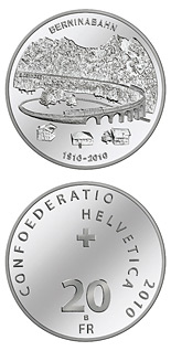 Image of 20 francs coin - Bernina Railway | Switzerland 2010.  The Silver coin is of Proof, BU quality.