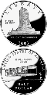 Image of 0.5 dollar coin - First Flight Centennial | USA 2003.  The Copper–Nickel (CuNi) coin is of Proof, BU quality.