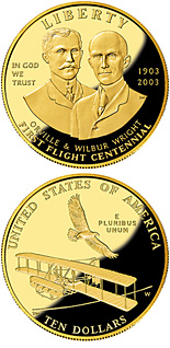 Image of 10 dollars coin - First Flight Centennial | USA 2003.  The Gold coin is of Proof, BU quality.