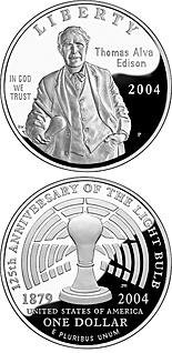 Image of 1 dollar coin - Thomas Alva Edison | USA 2004.  The Silver coin is of Proof, BU quality.