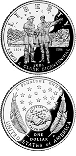 Image of 1 dollar coin - Lewis & Clark Bicentennial | USA 2004.  The Silver coin is of Proof, BU quality.