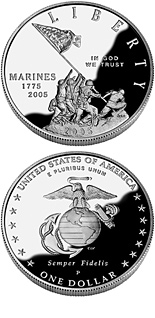 Image of 1 dollar coin - MARINE CORPS 230th Anniversary  | USA 2005.  The Silver coin is of Proof, BU quality.