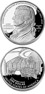 Image of 1 dollar coin - Chief Justice John Marshall  | USA 2005.  The Silver coin is of Proof, BU quality.