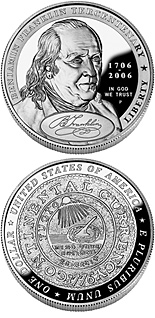 Image of 1 dollar coin - Benjamin Franklin (Founding Father) | USA 2006.  The Silver coin is of Proof, BU quality.