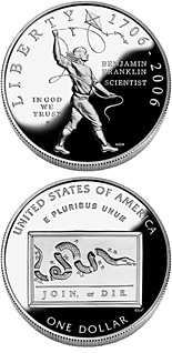 Image of 1 dollar coin - Benjamin Franklin - Scientist  | USA 2006.  The Silver coin is of Proof, BU quality.