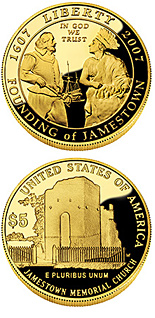 Image of 5 dollars coin - Jamestown 400th Anniversary | USA 2007.  The Gold coin is of Proof, BU quality.