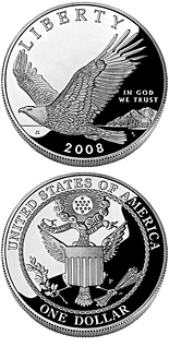Image of 1 dollar coin - Bald Eagle | USA 2008.  The Silver coin is of Proof, BU quality.