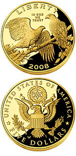 Image of 5 dollars coin - Bald Eagle | USA 2008.  The Gold coin is of Proof, BU quality.