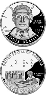 Image of 1 dollar coin - Louis Braille | USA 2009.  The Silver coin is of Proof, BU quality.