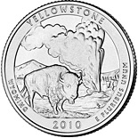 Image of 25 cents coin - Yellowstone National Park, WY  | USA 2010.  The Copper–Nickel (CuNi) coin is of Proof, BU, UNC quality.