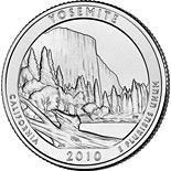 Image of 25 cents coin - Yosemite National Park, CA  | USA 2010.  The Copper–Nickel (CuNi) coin is of Proof, BU, UNC quality.