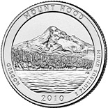Image of 25 cents coin - Mt. Hood National Forest, OR  | USA 2010.  The Copper–Nickel (CuNi) coin is of Proof, BU, UNC quality.