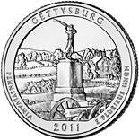 Image of 25 cents coin - Gettysburg National Military Park, PA  | USA 2011.  The Copper–Nickel (CuNi) coin is of Proof, BU, UNC quality.