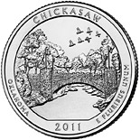 Image of 25 cents coin - Chickasaw National Recreation Area, OK  | USA 2011.  The Copper–Nickel (CuNi) coin is of Proof, BU, UNC quality.
