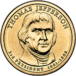 Image of 1 dollar coin - Thomas Jefferson (1801-1809) | USA 2007.  The Nordic gold (CuZnAl) coin is of Proof, BU, UNC quality.