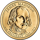 Image of 1 dollar coin - James Madison (1809-1817) | USA 2007.  The Nordic gold (CuZnAl) coin is of Proof, BU, UNC quality.