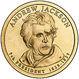 Image of 1 dollar coin - Andrew Jackson (1829-1837) | USA 2008.  The Nordic gold (CuZnAl) coin is of Proof, BU, UNC quality.
