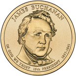 Image of 1 dollar coin - James Buchanan (1857-1861) | USA 2010.  The Nordic gold (CuZnAl) coin is of Proof, BU, UNC quality.