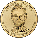 Image of 1 dollar coin - Abraham Lincoln (1861-1865) | USA 2010.  The Nordic gold (CuZnAl) coin is of Proof, BU, UNC quality.