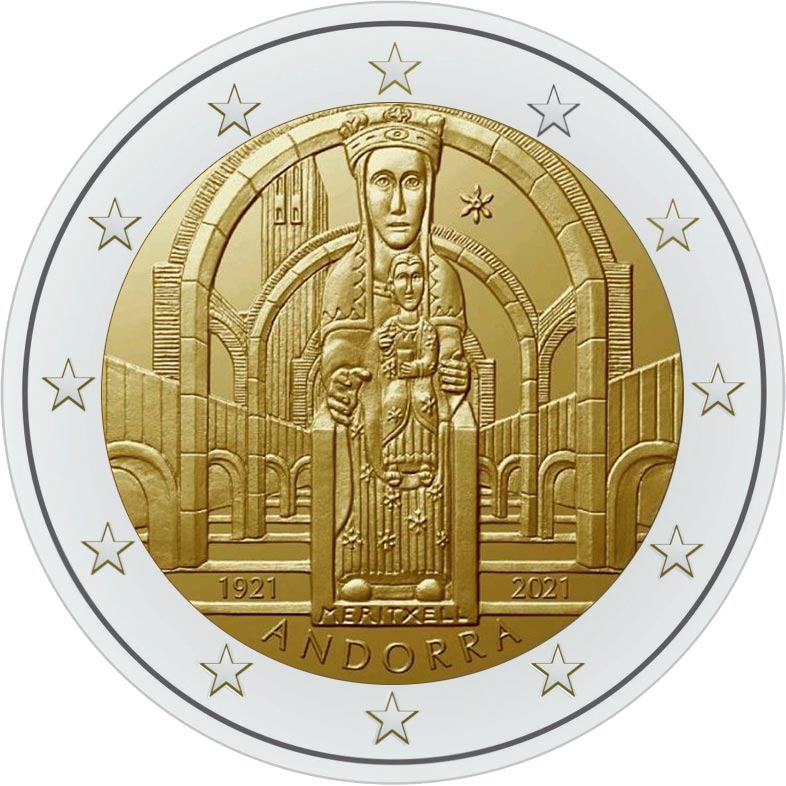 Image of 2 euro coin - 100th Anniversary of the Coronation of Our Lady of Meritxell | Andorra 2021